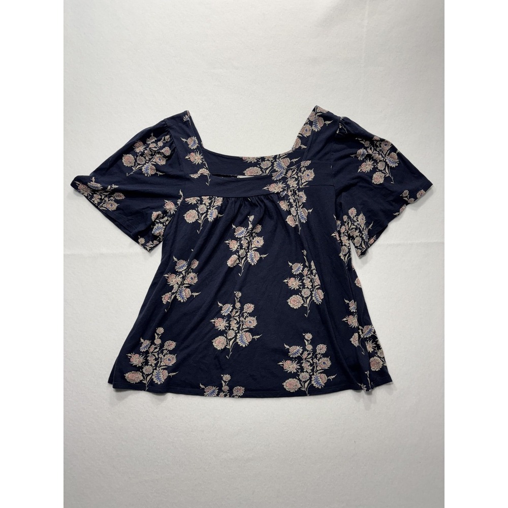 Lucky Brand Blouse Womens XL Blue Floral Square Neck Flutter Sleeve Relaxed Top